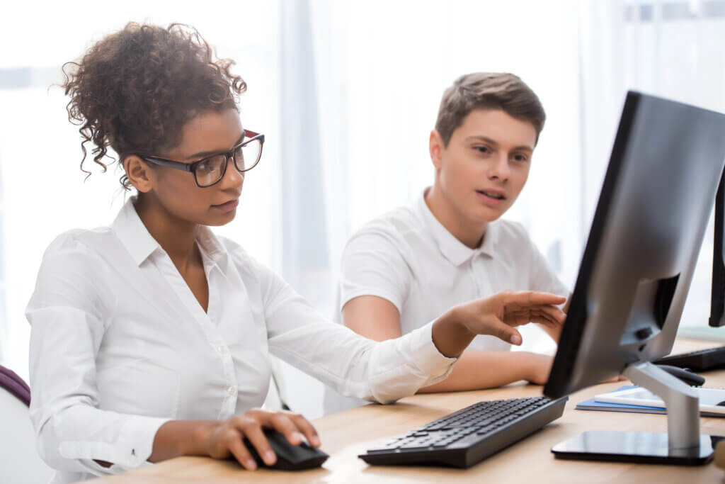 Interns working on computer