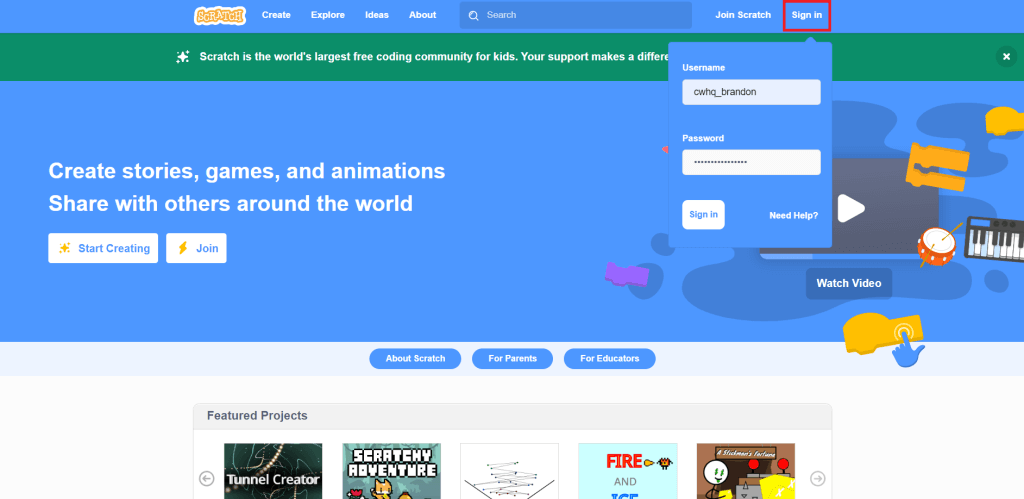 scratch animation step 1 sign in
