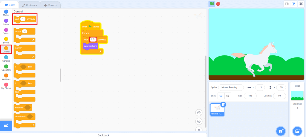 scratch animation step 13 wait block
