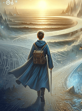 Fantasy themed graphic of a boy with backpack starting a coding journey