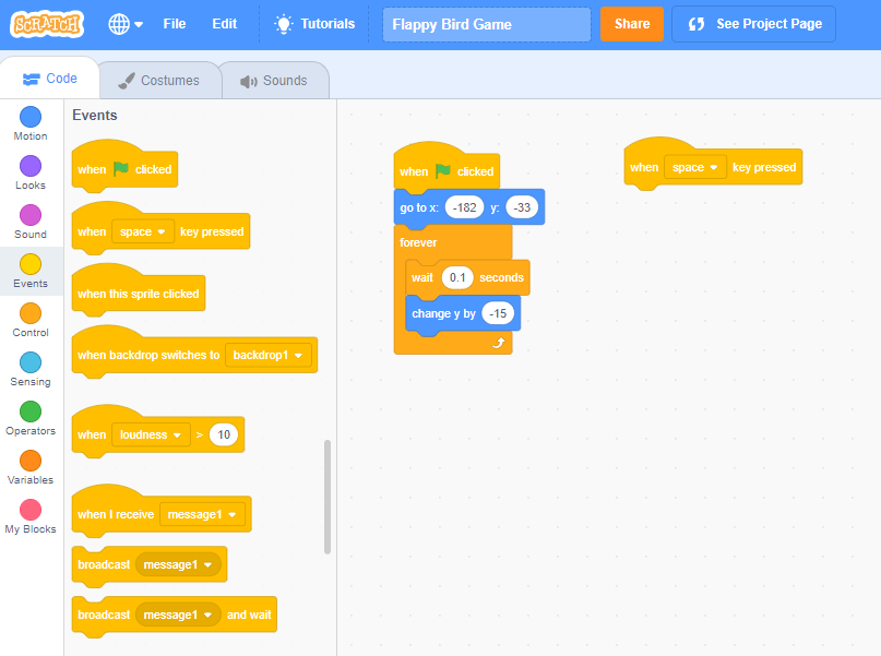 How to Make Flappy Bird on Scratch When space key pressed block
