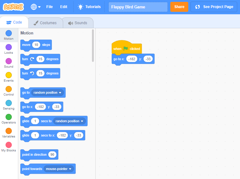 How to Make Flappy Bird on Scratch Set sprite position